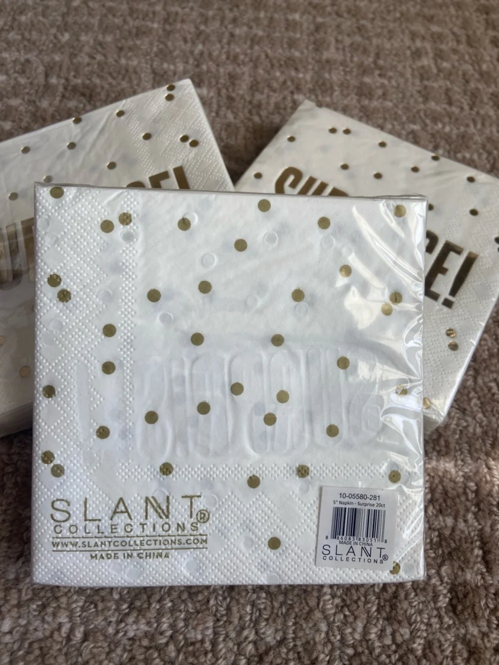 Bundle of 3 Gold 'SURPRISE!' Party Napkins - White & Gold - Party Supplies